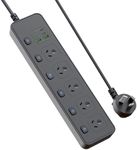 Power Board USB, Surge Protector with 5 AC Outlets, 2m Extension Cord, Independent Switches, 11-in-1 Power Strip with 4 USB-C & 2 USB-A Ports, 10A 2500W Power Board for Home Office (Black)