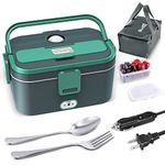 Budth Electric Lunch Box, Portable Food Warmer for Car/Truck/Office/Home, 12V 24V 110V 80W Adapter, Leak Proof, 304 Stainless Steel Container, SS Fork & Spoon and Carry Bag (Grey+Green)