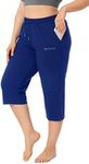 ZERDOCEAN Women's Plus Size Active Yoga Lounge Indoor Jersey Capri Walking Crop Pants with Pockets Drawstring, Royal Blue, 2XL