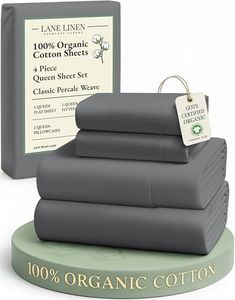 LANE LINEN Sustainably Produced 100% Organic Cotton Queen Size Bed Sheets, Soft & Comfy Naturally Cooling Percale Cotton Sheets, Low Pill Fade Resistant 15" Deep Pocket Queen Sheets– Charcoal