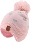 Malaxlx Baby Pink Heart Pom Pom Beanie Hat Winter Warm Toddler Knitted Earflap Hat Fleece Lined Ski Skull Cap for 6-24 Months Boys Girls