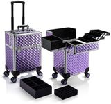 Stagiant Rolling Makeup Train Case Large Storage Cosmetic Trolley 4 Tray with Sliding Rail Removable Middle Layer with Key Swivel Wheels Salon Barber Case Traveling Cart Trunk, Purple, Rolling Makeup Case With Wheels