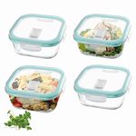 Treo By Milton Hi Borosilicate Clip Fresh Square Glass Container, Set of 4, 320 ml Each, Transparent | BPA Free | Microwave Safe/Oven Safe | Refrigerator Safe | Dishwasher Safe | Air Tight | Stackable