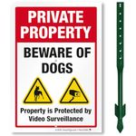 SmartSign Private Property Beware of Dogs Sign with Stake | 21" Tall Sign & Stake Kit - Property Protected by Video Surveillance Sign For Yard/Lawn | 10x7 Inches Aluminum Metal Sign, Made in USA