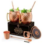 Moscow Mule Copper Mugs | Set of 2 Hammered Cups | 100% Handcrafted Pure Solid Copper | Gift Set with Cocktail Straws | Shot Glass | Coasters | Copper Stirrer & Beer Opener