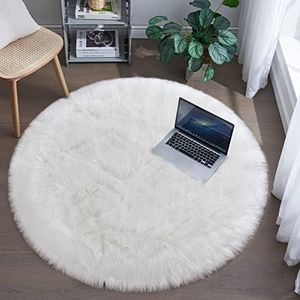 Faux Fur Rug for Bedroom, White Fluffy Round Rug for Kids Room, Small Furry Circle Rugs 3X3, Soft Shag Circular Rug for Nursery, Fuzzy Plush Floor Carpet, Cute Indoor Decor for Gilrs Teen's Dorm