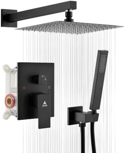 Arofa 10 Inch Shower System Matte Black Shower Faucet Set Complete with Valve, Multi Function Rain Shower Fixtures Rainfall Shower Head and Handheld Combo Kit for Bathroom Wall Mounted