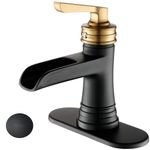 Arkosdex Waterfall Bathroom Sink Faucet, Single Handle Rustic Faucets for 1 or 3 Holes, Retro Farmhouse Lavatory Faucets with Pop Up Drain Supply cUPC Lines & Deck Plate, Brass, Gold & Black