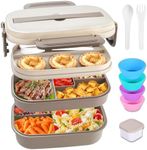 Bento Box Adult Lunch Box, Stackable Bento Lunch Container for Adults Kids, 3 Layer Portable Lunch Containers with Utensils, Sauce Jar, Muffin Liners, 63oz, Microwave & Dishwasher Safe, Brown
