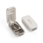 Compact Pill Cutter with Builtin Moistureproof Storage Compartment, Travel Pill Splitter with Silicone V-Shaped Holder, Small Pill Cutter with Stainless Steel Blade (Grey)