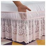 Feyart Wrap Around Lace Bed Skirt, Elegant Breathable Flower Pattern Stretch Dust Ruffle, 15 Inch/38cm Drop (Pink, 135 x 200)