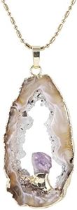 TUMBEELLUWA Natural Agate Pendant Necklace Druzy Irregular Slice Healing Crystal Quartz Handmade Jewelry for Women,Agate Druzy with Amethyst