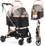 Foldable Pet Stroller - 3 in 1 Dog Cat Pushchair With Storage Basket, Net Window, Cup Holder, 360° Wear-Resistant Rubber Wheels - Travel Carrier for Small Dogs & Cats, Champagne