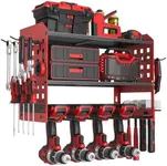 SPACECARE Power Tool Organizer, Drill Holder Wall Mount with 2 Side Pegboards with Hooks, 3 Layer Garage Organization Floating Cordless Heavy Duty Tool Organizers Utility Rack for 4Drill Holders Red