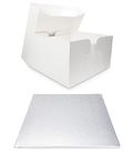 Single White Cake Box and Silver Square Board Pack - Thick Drum for Wedding, Party etc (9 Inches)