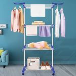 Innotic Clothes Drying Rack Folding Clothes Rail 4 Tier Clothes Horses Rack Stainless Steel Laundry Garment Dryer Stand with Two Side Wings, Blue + Grey