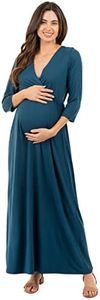Mother Bee Maternity V-Neck 3/4 Sleeve Ruched Waist Dress, Dkteal, Small