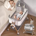 4 in 1 Bedside Baby Bassinet for Baby, Portable Baby Bassinet with Changing Station, 6 Height Adjustable Baby Crib with Comfy Mattress and Wheels, Folding Portable Bedside Crib for Newborn Infant