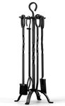 5-Piece Fireplace Tools Set 31’’, Heavy Duty Wrought Iron Fire Place Toolset with Poker, Shovel, Tongs, Brush, Stand for Outdoor Indoor Chimney, Hearth, Stove, Firepit-Easy to Assemble, Black