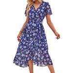 TcIFE Women's Bohemian Floral Printed Dress Chiffon Fit and Flare Flowy Midi Dress Long Dresses Party Maxi Dress with Belted, Navy White Floral, S