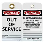 NMC RPT146G "Danger - Out of Service" Accident Prevention Tag with Brass Grommet, Unrippable Vinyl, 3" Length, 6" Height, Black/Red on White (Pack of 25)