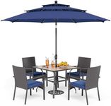 PHI VILLA 5 Piece Outdoor Dining Set with Umbrella for 4, 37" Square Metal Wood-top Dining Table & Wicker Rattan Chairs with Cushions & 10ft Blue Umbrella for Patio, Deck, Backyard, Porch