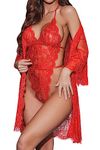 Avidlove Women Sexy Bridal Lingerie Set 2 Piece Lace Robe with Sheer Teddy Babydoll Bodysuit Bright Red