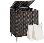 SONGMICS 2-Section Laundry Hamper with Lid, 29 Gal (110L) PE Rattan Laundry Basket with Removable Washable Liners, for Bedroom & Living Room, Chestnut Brown ULCB222ME01