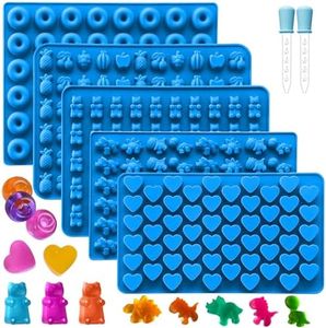 Sidosir 7Pcs Gummy Candy Molds, Gummy Bear Molds, Gummy Dinosaur Molds, Gummy Fruit Molds, Gummy Donut Molds and Gummy Hearts Molds, Non-stick Silicone Candy Molds with 2 Droppers