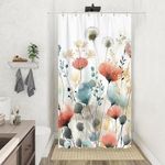 Rustic Boho Floral Shower Curtain, Bright Colorful Watercolor Flower Botanical Shower Curtain, Cute Minimalist Aesthetic Floral Bath Curtain with 12 Hooks, 36"×72" Blue Pink Sage Teal Cream Tan Grey