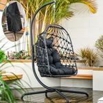 LKINBO Indoor Outdoor Egg Swing Chair with Stand and Cover, Patio Wicker Hanging Chair 450lbs Capacity Egg Chairs with UV Resistant Cushion for Bedroom Outside Balcony Patio Living Room (Black)