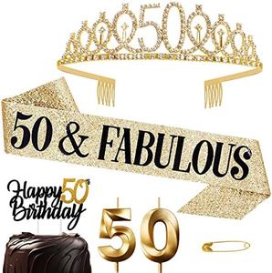 Jonvell 50 Años Corona Banda Cumpleaños Mujer Tiara Corona y Faja de Oro Cinturón de Cumpleaños Corona de Diamantes Velas Topper per Torta di Compleanno 50 Regalo Mujer Cumpleaños Decoración