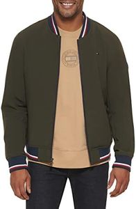 Tommy Hilfiger Men's Lightweight Varsity Rib Knit Bomber Jacket, Olive Soft Shell, X-Large