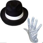 ANZEE Michael Jackson Hat, Sequin Glove & Sunglasses With Bow Tie Set Pop Star, Gangster Cosplay Party Fancy Dress Costume Accessories (Black Hat+Gloves)