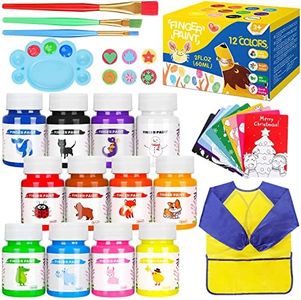 Gifort Pintura de Dedos para Niños Lavable, 12 x 60ML Pinturas Bebe No Toxicas, Juego de Pintura Dedos con Pinceles, Esponjas, Delantal de Pintura, Tarjetas y Paleta para Niños DIY Artes