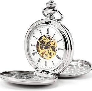 ManChDa Double Cover Open Skeleton Pocket Watch Mechanical Roman Numerals Hand Wind Full Hunter Watch (Gold)