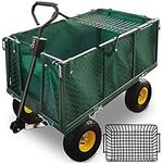 GARDEBRUK® Heavy Duty Metal 4 Wheel Garden Trolley with Pull Handle | 550kg Load Foldable Wagon With Removable Tarpaulin | Gardening Equipment Transport Handcart Beach Shopping | Green