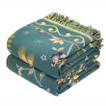 VANJOROY Boho 100% Organic Cotton Large Throw Blanket Ultra Soft Breathable Floral Bird Blanket for Bed Sofa Couch Chair Bedspread Quilt Gift, 60" x 80"-Teal,Beige