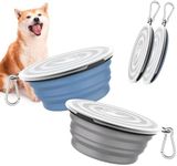 Pawaboo Collapsible Dog Bowls 2 Pack, Silicone Feeding Watering Bowls with Lids & Carabiners for Dogs Cats, Portable Water Feeder Food Bowl for Walking Traveling Home Use, 1000ml, Blue + Grey