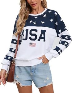 Drvitor Womens USA Sweatshirt, Long Sleeve Crewneck Pullover with American Flag & Stripes Star Print - Casual Top (White, Large)
