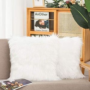 HYSEAS Set of 2 Decorative Faux Fur Throw Pillow Covers, White Fluffy Soft Fuzzy Square Cushion Cover Pillow Case for Sofa, Couch, Chair, Bed, Cafe, 20 x 20 Inches
