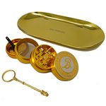 Gold Grinder Rolling Tray Set - Joint Holder with Spice Grinder and Rolling Tray in Gold Ideal for Stoner Gifts | Herb Grinder Stoner Accessories Set Gold Tray Small