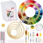 Pllieay Full Range of Embroidery Starter Kit with Instructions, 5 Pieces Bamboo Embroidery Hoops, 100 Colors Threads, 3 Pieces Aida Cloth and Cross Stitch Tools Kit for Sewing