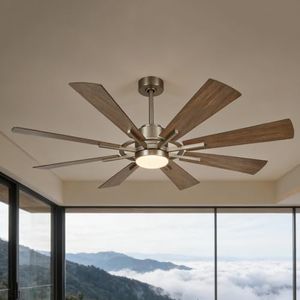 Farmhouse Ceiling Fans with Lights and Remote, 60 Inch Rustic Large Ceiling Fan with Light for Living Room Bedroom, Chandelier Ceiling Fan with Reversible DC Motor, 6 Speeds, Satin Nickel