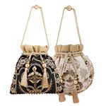 MASQ by Q-One Pack of 2 Taj-Mughal Embroidered Embellished Potlis, Clutches, Wristlet for Girls and Women for Parties, Weddings and Special Occasion