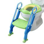 Potty Training Toilet Seat with Step Stool Ladder for Kids Children Baby Toddler Toilet Training Seat Chair with Soft Cushion Sturdy and Non-Slip Wide Steps for Girls and Boys (Blue&Green PU)