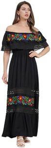 Mexican Dress for Women Floral Embroidered Off Shoulder Long Maxi Dress Summer Casual, Black, Medium