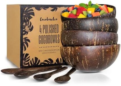 COCOBOWLCO Coconut Bowl Set with Wooden Spoons – Handcrafted Eco-Friendly Acai Bowls, Yogurt Bowls & Smoothie Bowls – Ideal for Ninja Creami, Cereal & Snacks (4, Polished)