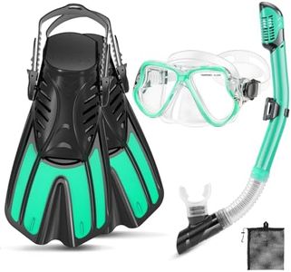 PIYAZI Snorkeling Gear for Adults, 4 in 1 Adult Snorkel Set with Panoramic View Snorkel Mask, Dry Top Snorkel, Adjustable Short Fins and Travel Bag, Snorkel Set with Fins for Snorkeling Diving