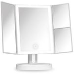 Fancii LED Lighted Vanity Makeup Mirror, Trifold Mirror with 5X and 10x Magnifications - 34 Dimmable Natural Lights, Touch Screen, Best Adjustable Countertop Mirror with Cosmetic Stand (Tria)